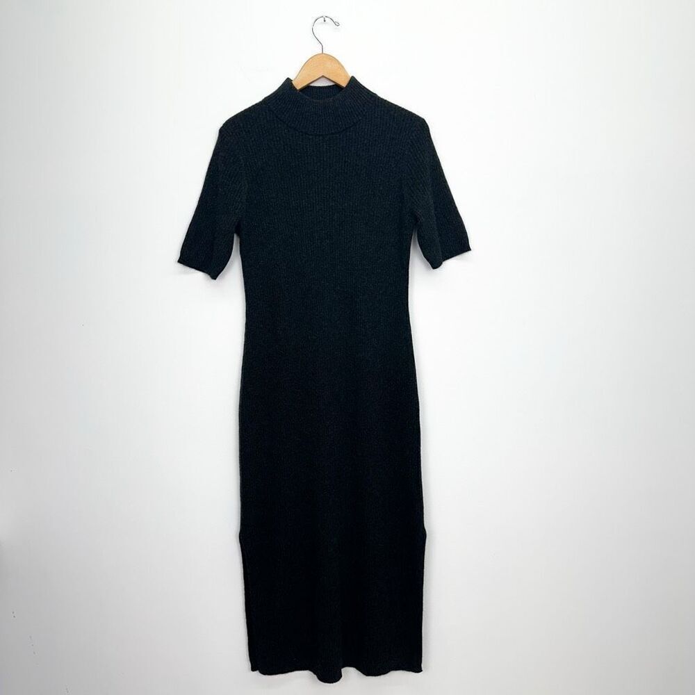Magaschoni Women’s Dark Charcoal Grey Cashmere Mock Neck Short Sleeve Midi Dress